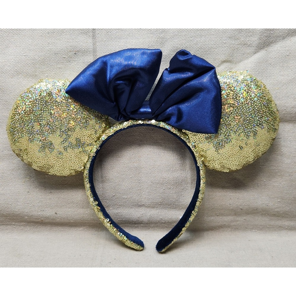 Disney Parks Minnie Mouse Ears Headband Gold Sequins Navy Blue Satin Bow